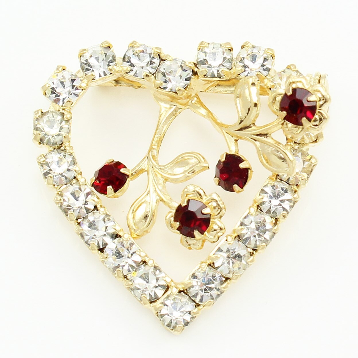 Vintage Clear and Red Rhinestone Heart and Flowers Brooch Pin 1960s
