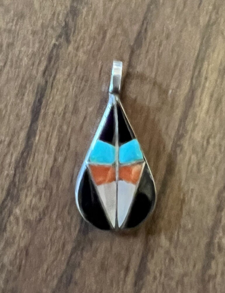 Vintage Sterling Silver Turquiose Onyx Shell Pendant Inlay Small