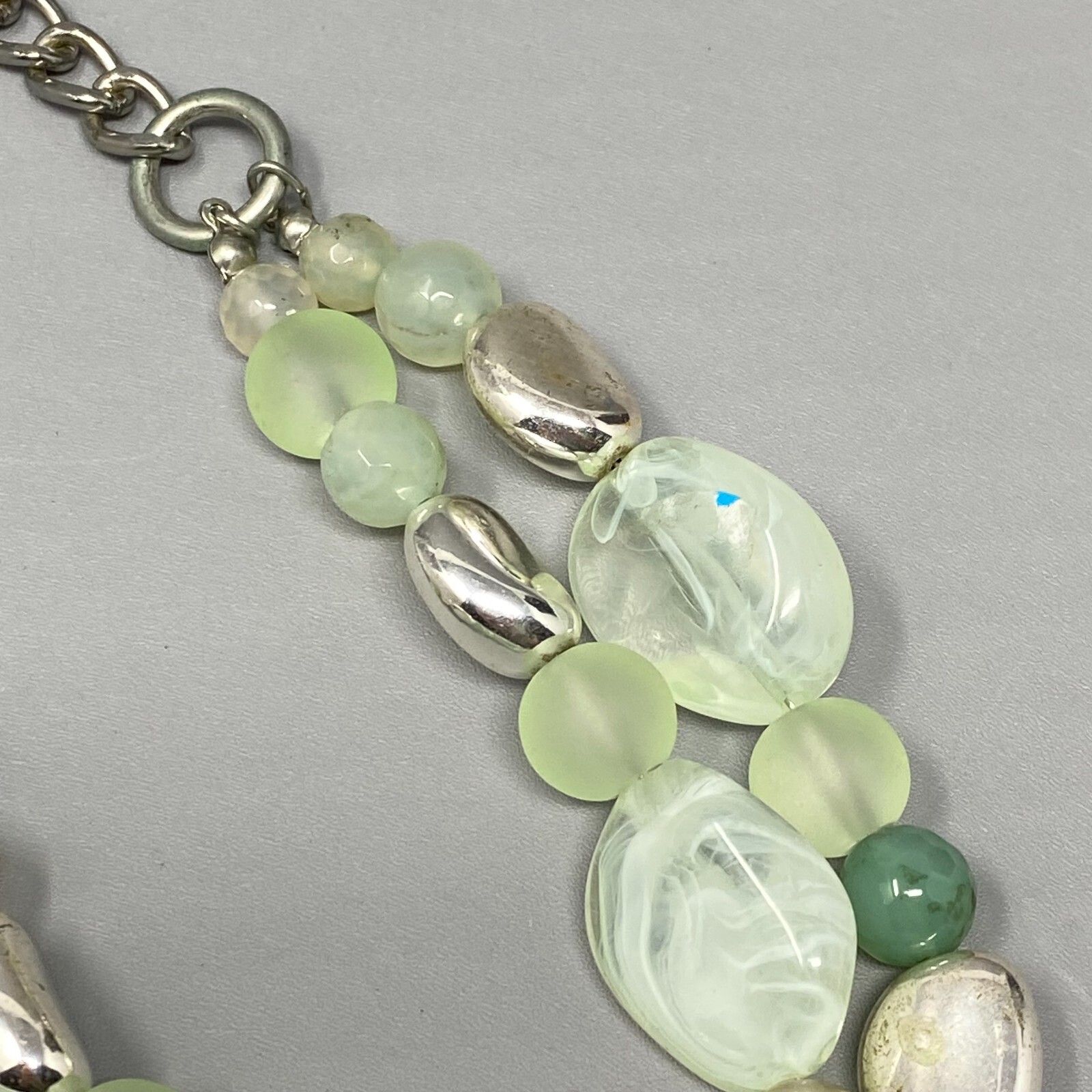 Multi Strand Necklace Green Gemstone Glass Acrylic Beads Frost Swirl Silver Tone