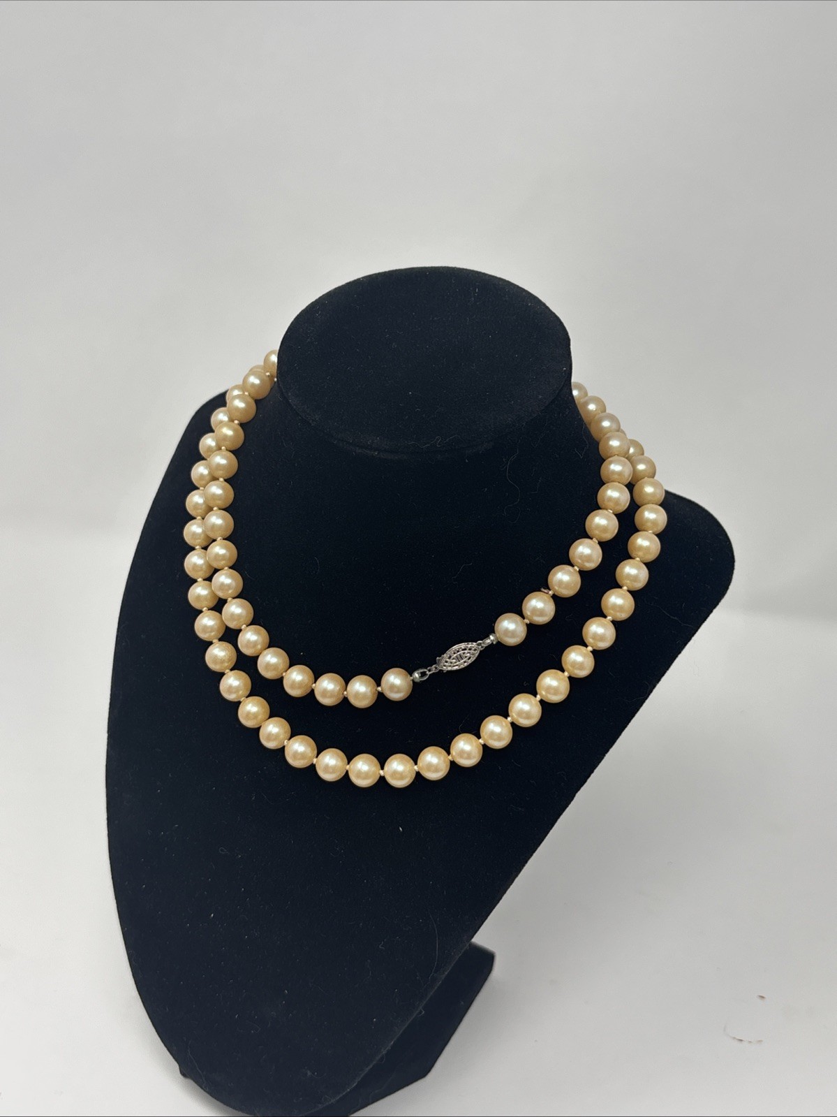 Vintage Art Deco Faux Pearl Necklace Sterling Filigree Fish Hook Clasp