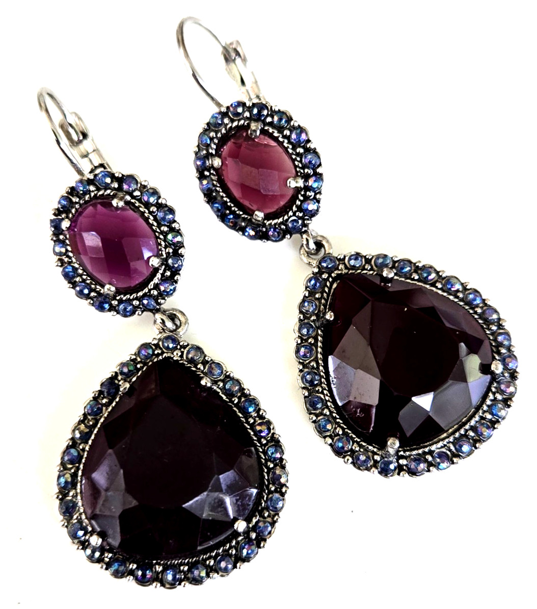 2007 Avon NR Purple & Blue Borealis Bold Drop Silver Tone Pierced Earrings 2-3/8