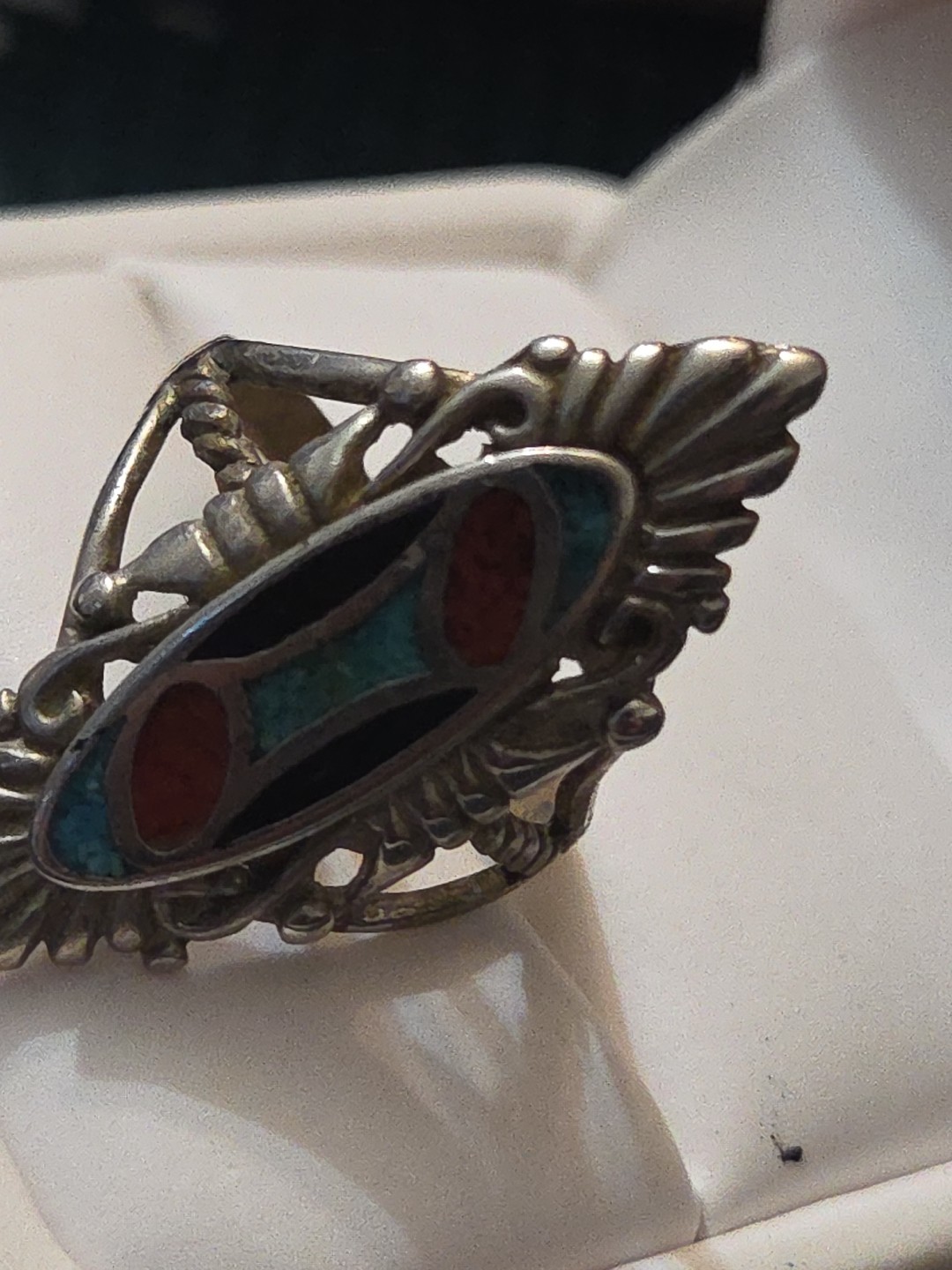 Vtg Artisan Silver Southwestern Turquoise Onyx Coral Chip Inlay Sz 7.5 Ring W76