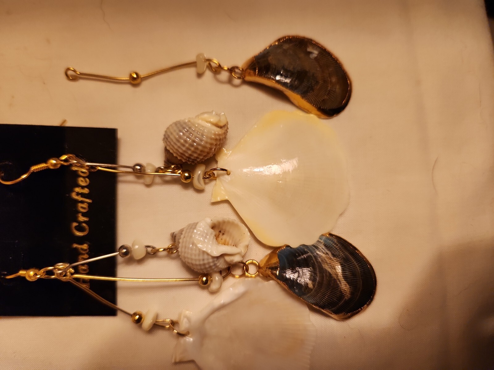 Vtg Sea shell gold trim foil natural estate Dangle Earrings 4″ Jewelry Lot of 2