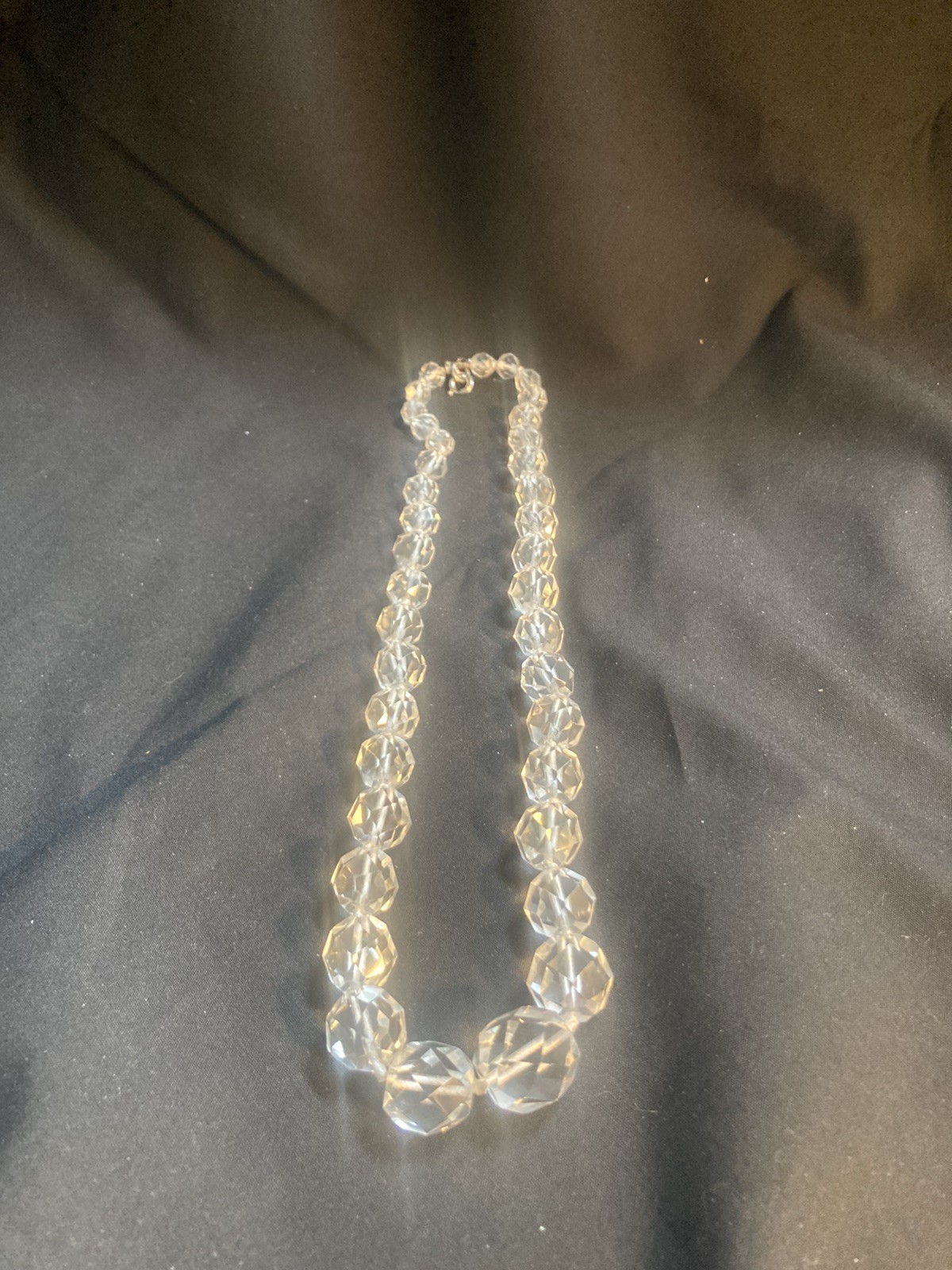 18″ Clear Faceted Graduated Crystal Necklace Sterling Clasp Knotted