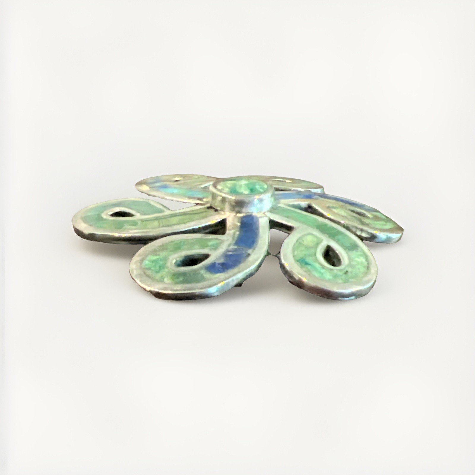 Taxco Sterling Silver Los Castillo Turquoise Malachite Lapis Swirl Brooch Pin