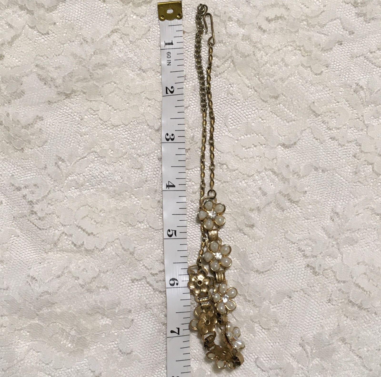 Vintage Boock Chain Floral Necklace Rhinestones Faux Pearls Gold Tone Statement