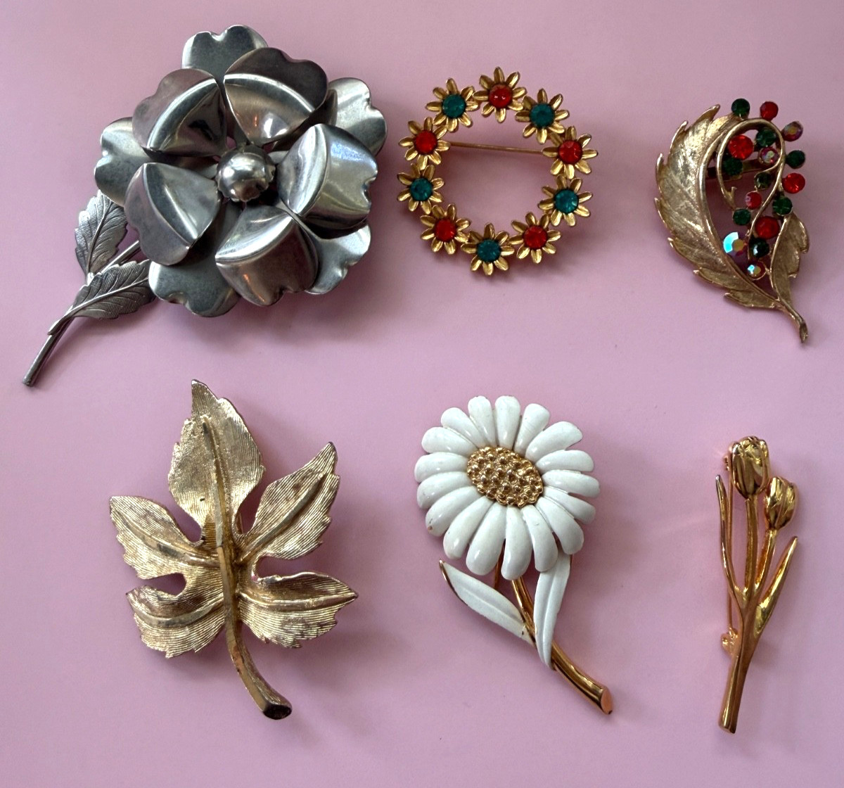 Vintage Brooch Lot Gold Silver Tone Floral Leaf Rhinestone 50s 60s 80s