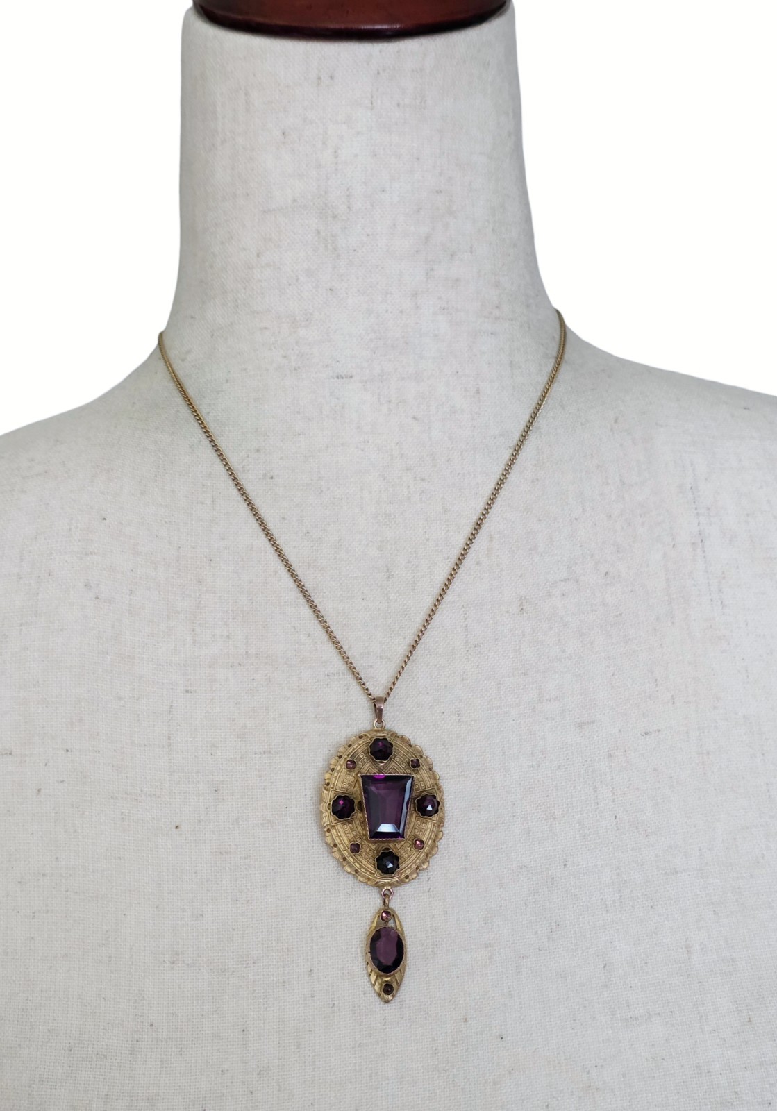 Antique Austro Hungarian Floral Filigree Lace Pendant Necklace Purple Glass
