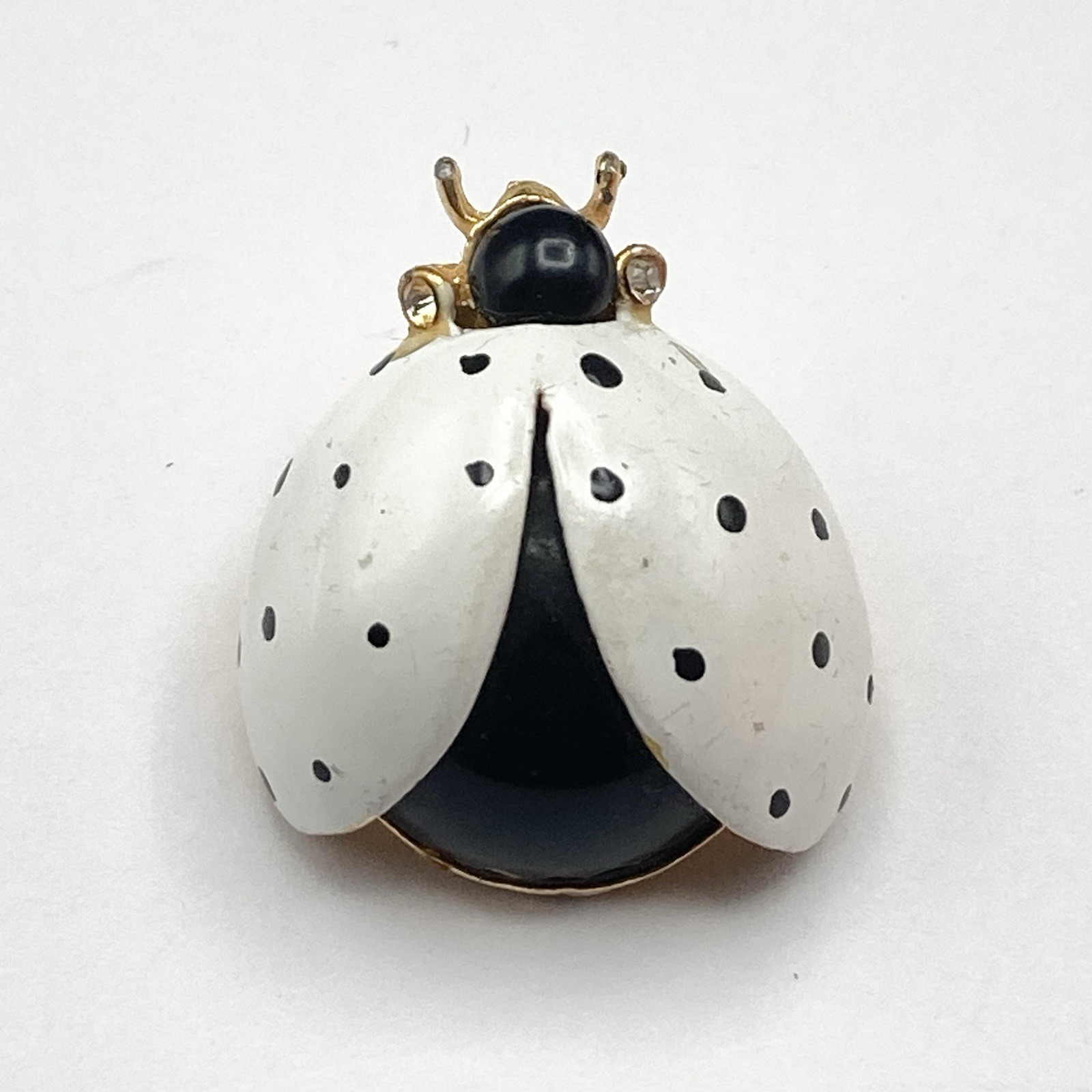 Vintage White Black Enamel Rhinestone Ladybug Bug Small Cute Brooch Pin
