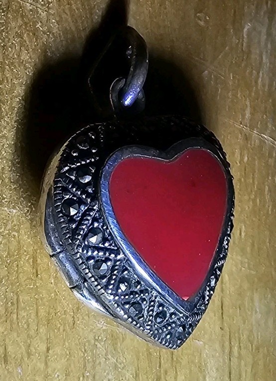 Sterling Silver Marcasite Puffy Heart Locket Pendent Charm Red Coral Center