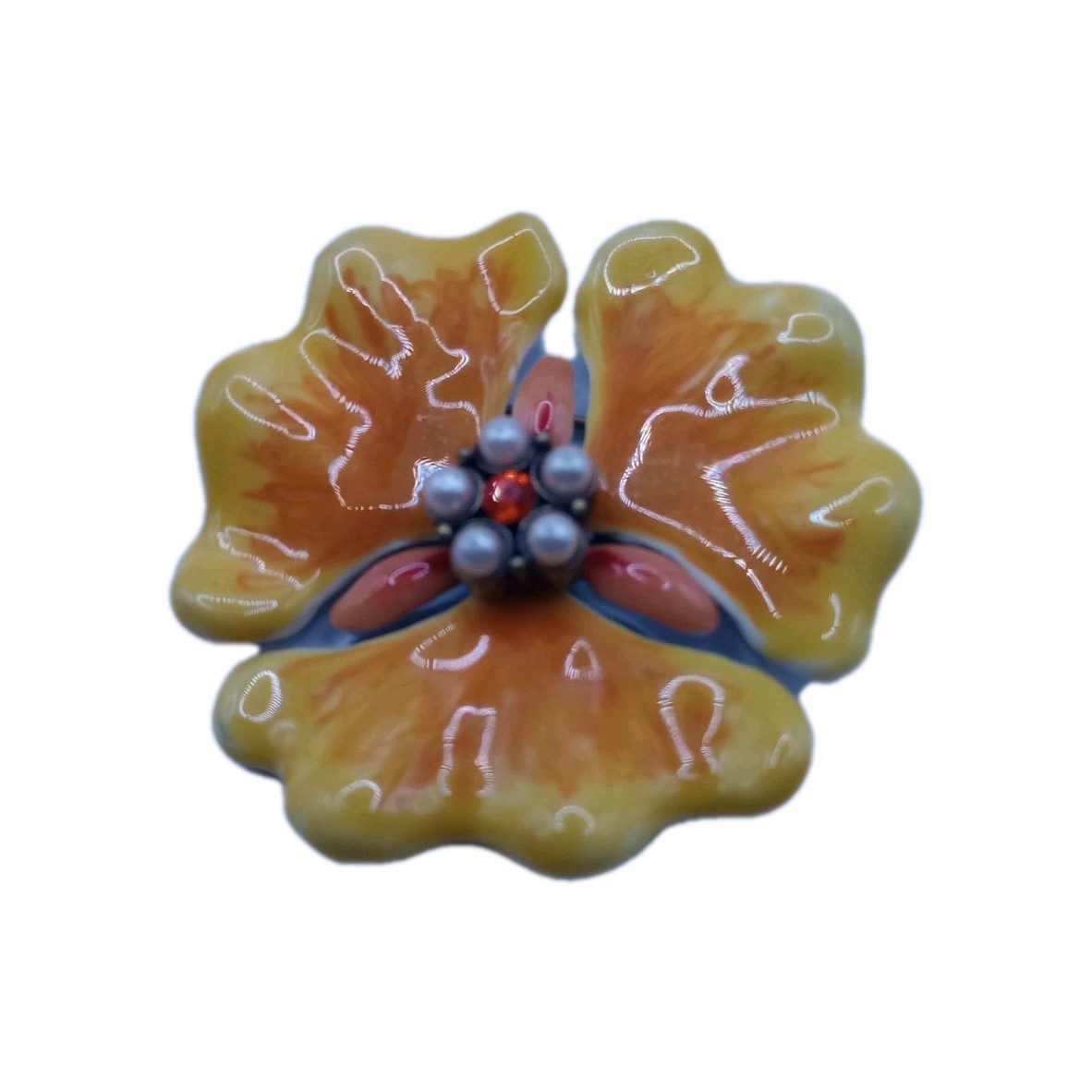 Vintage Enamel Floral Brooch Yellow Orange Faux Pearl Rhinestone Pin 2 in D
