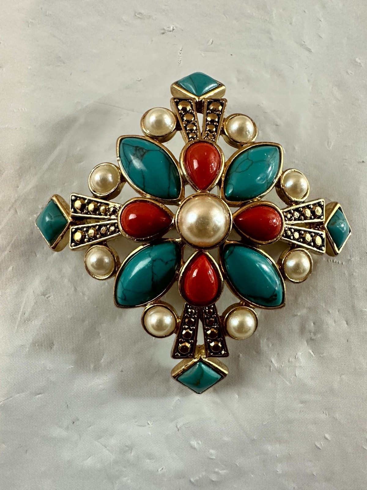 Monet Maltese Cross Turquoise Coral Faux Pearl Cabochon Gold Tone Brooch Pin