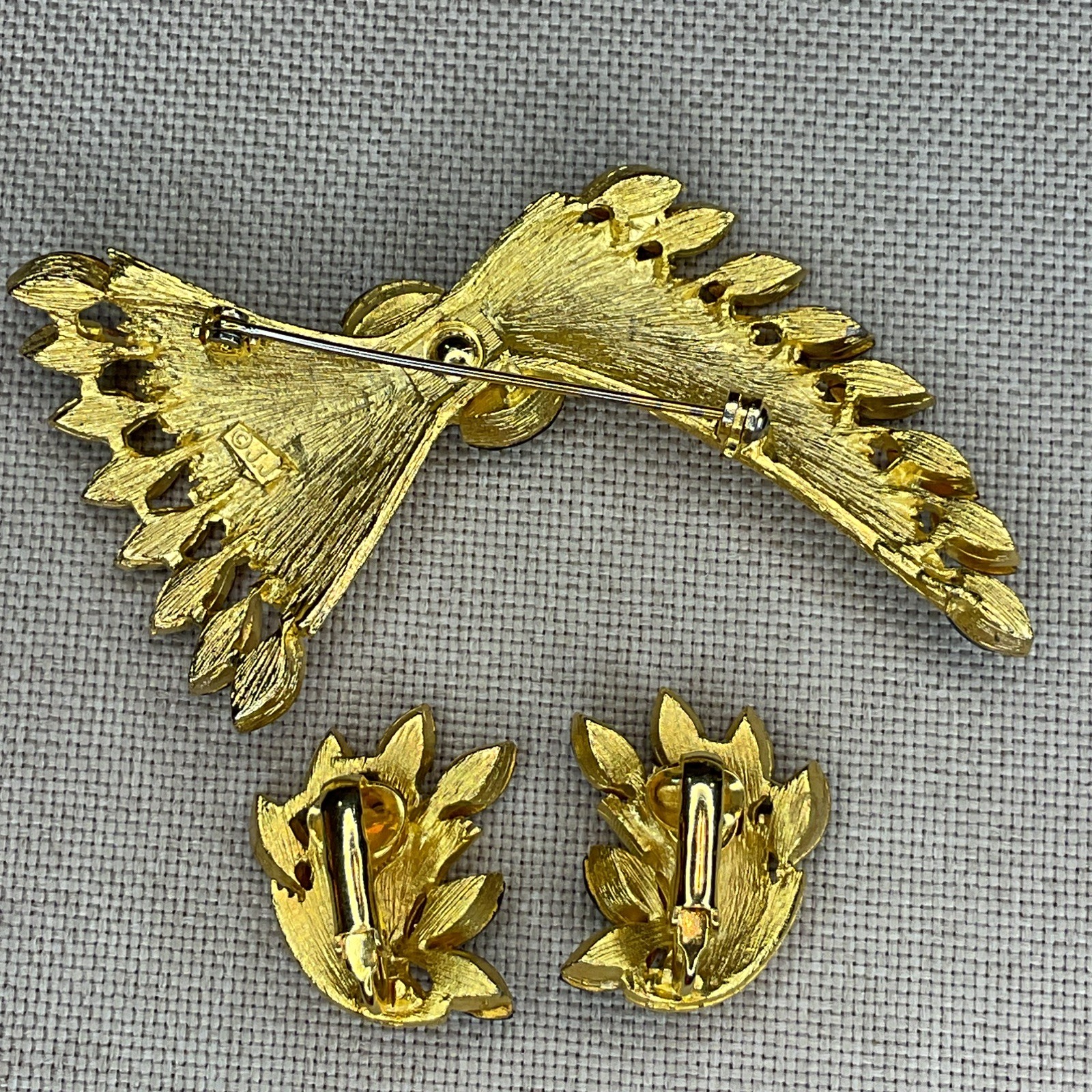 Vintage Signed JJ Brooch Pin Clip Earrings Set Gold Tone Navette Rhinestones