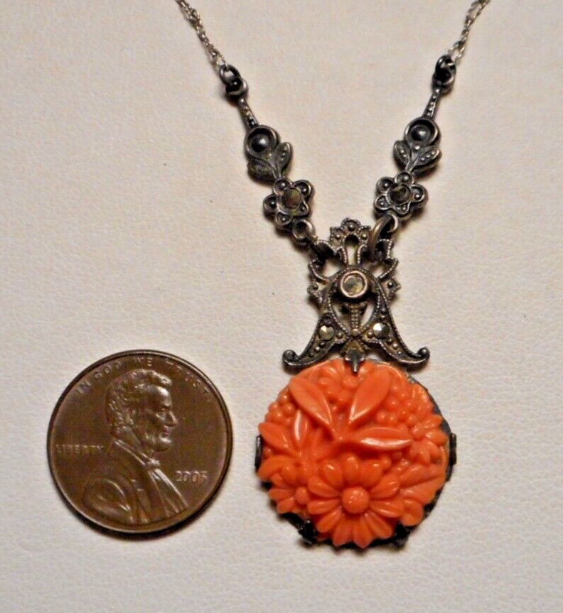 1920s Art Deco Czech? Faux Carved Coral Glass & Marcasite Pendant Necklace 16″