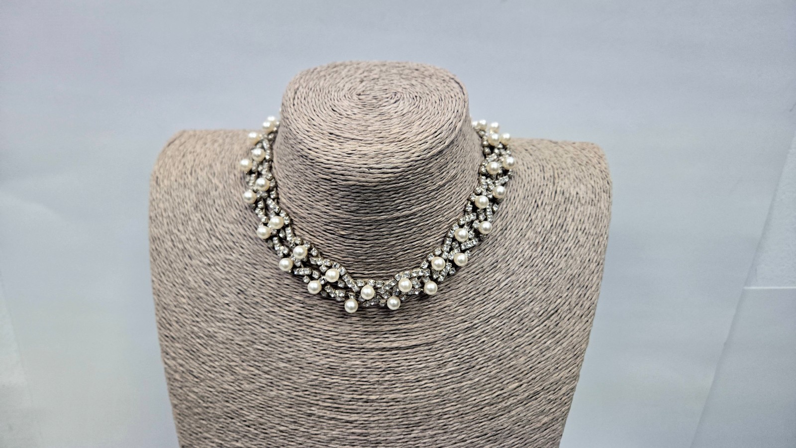 Vintage Faux Pearl & Rhinestone Choker Necklace Adjustable Hook Clasp