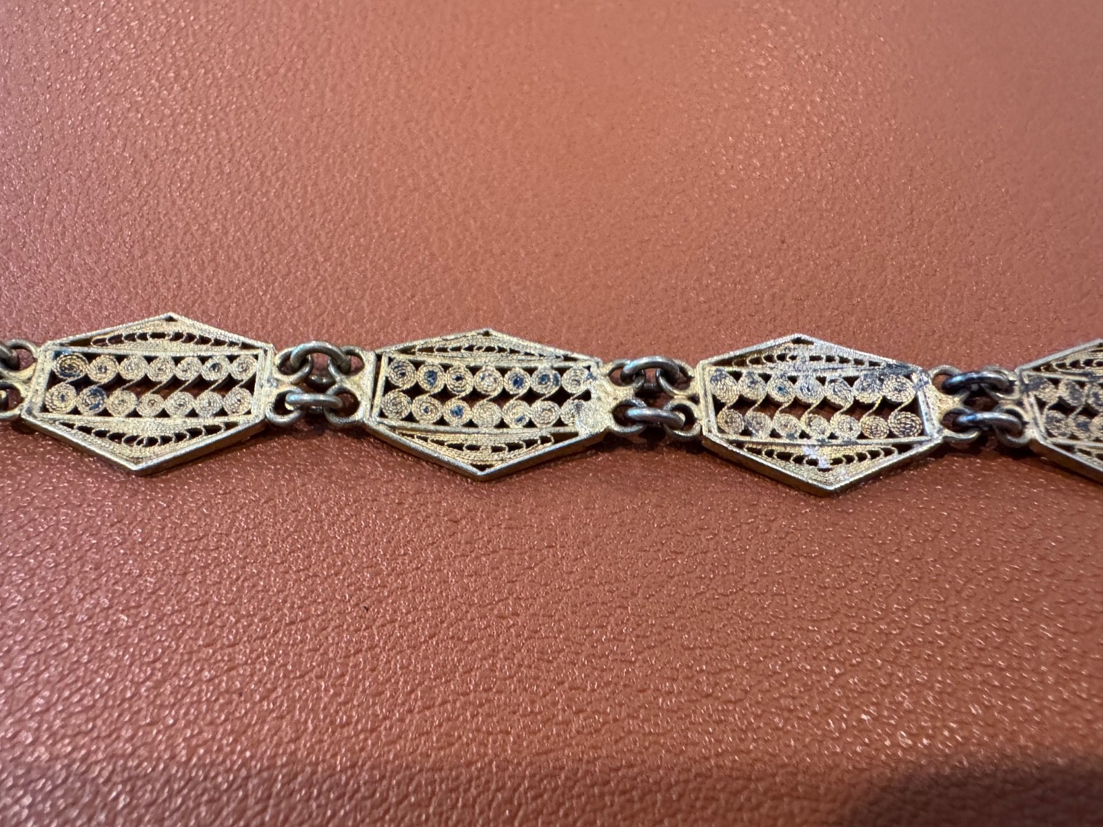 Vtg Antique 800 Silver Filigree Design Blue Enamel Bracelet w/ Gold Wash
