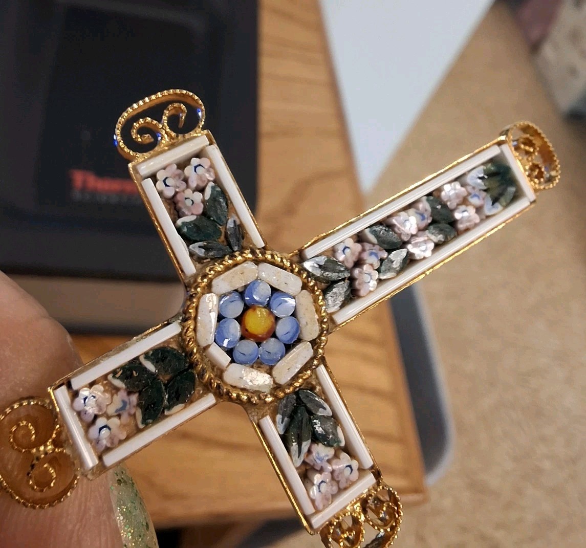 Vintage Italian Signed Micro Mosaic Gold-Plated Filigree Cross Pendant Necklace