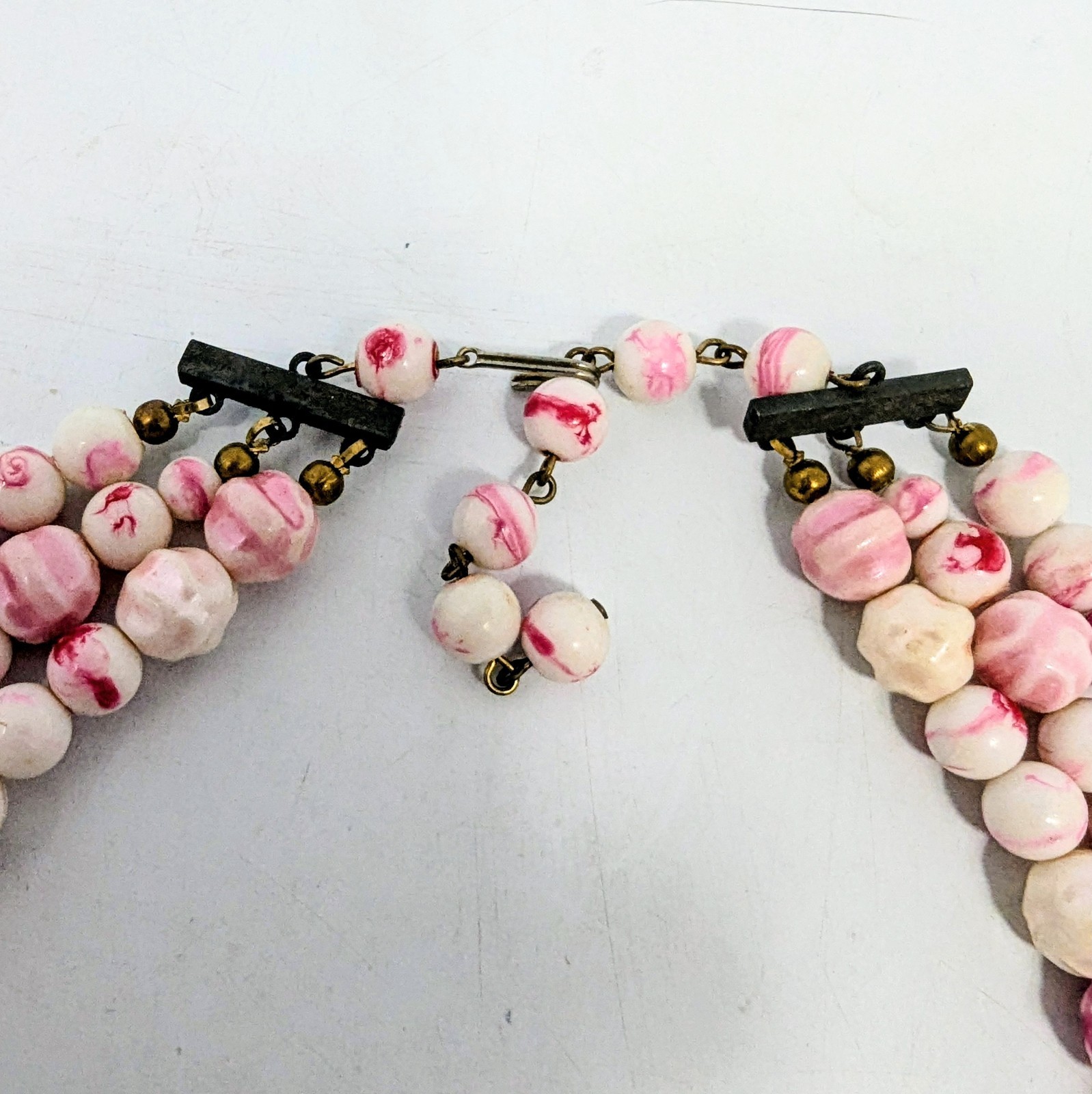 Lucite Hand Painted Pink Beads 3 Strand Vintage Necklace Japan 15-17″