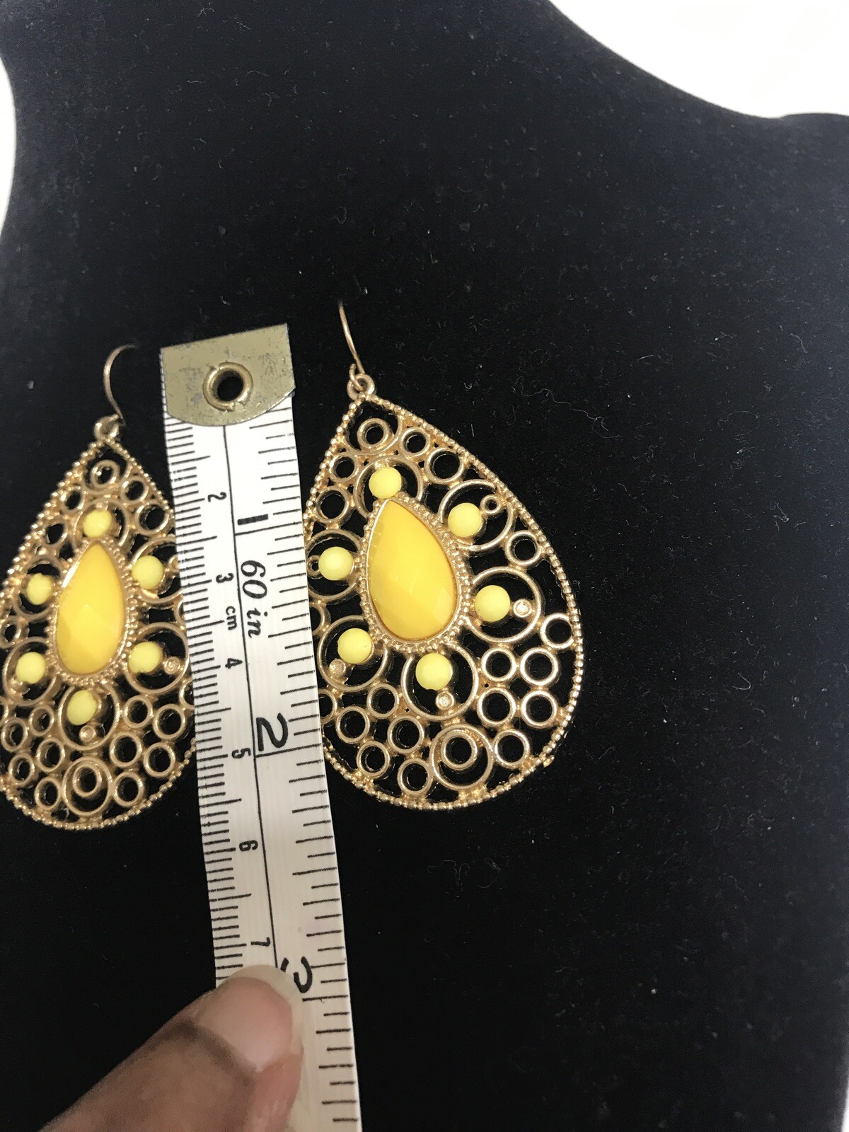 GOLD TONE PLATED METAL FAUX YELLOW STONE & BEADS PIERCED EARRINGS VINTAGE