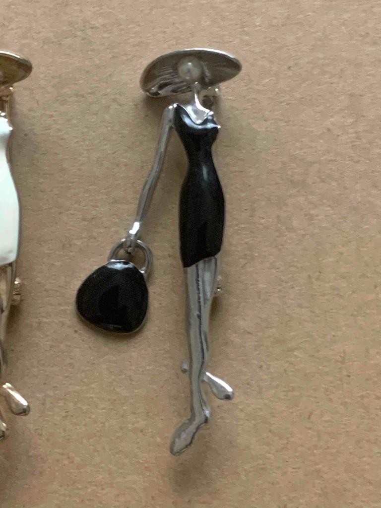 Set of (2) Vintage White & Black Enamel Lady Fashion Brooches