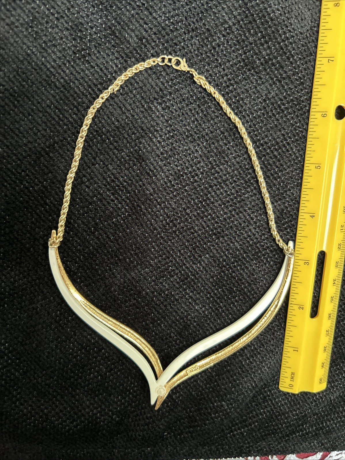 Vintage Monet Double V Neck Swirl Choker Necklace Two Tone Gold Off White Signed