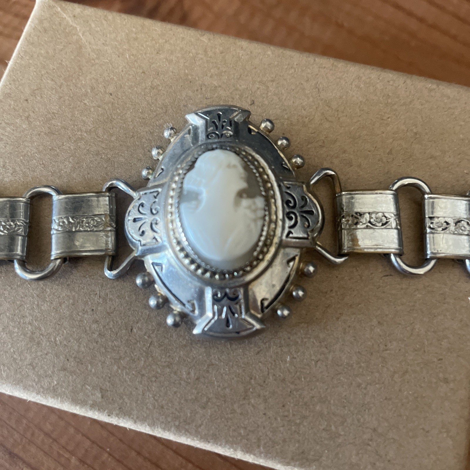 Victorian Revival Shell Cameo Engraved Link Bracelet Silver Tone