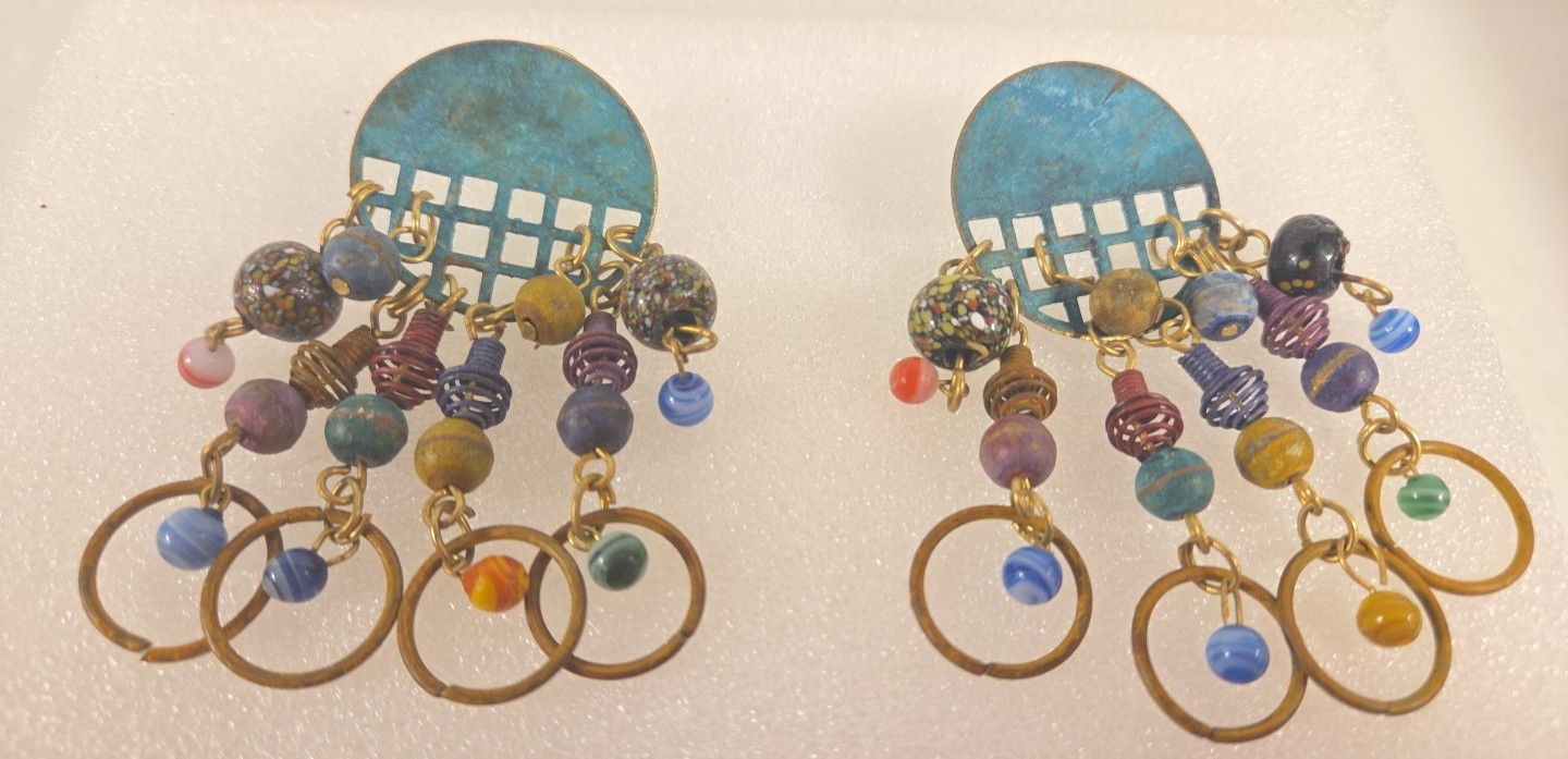 Vintage Boho Rustic Dangle Drop Post Earrings Mixed Metal Geometric Design