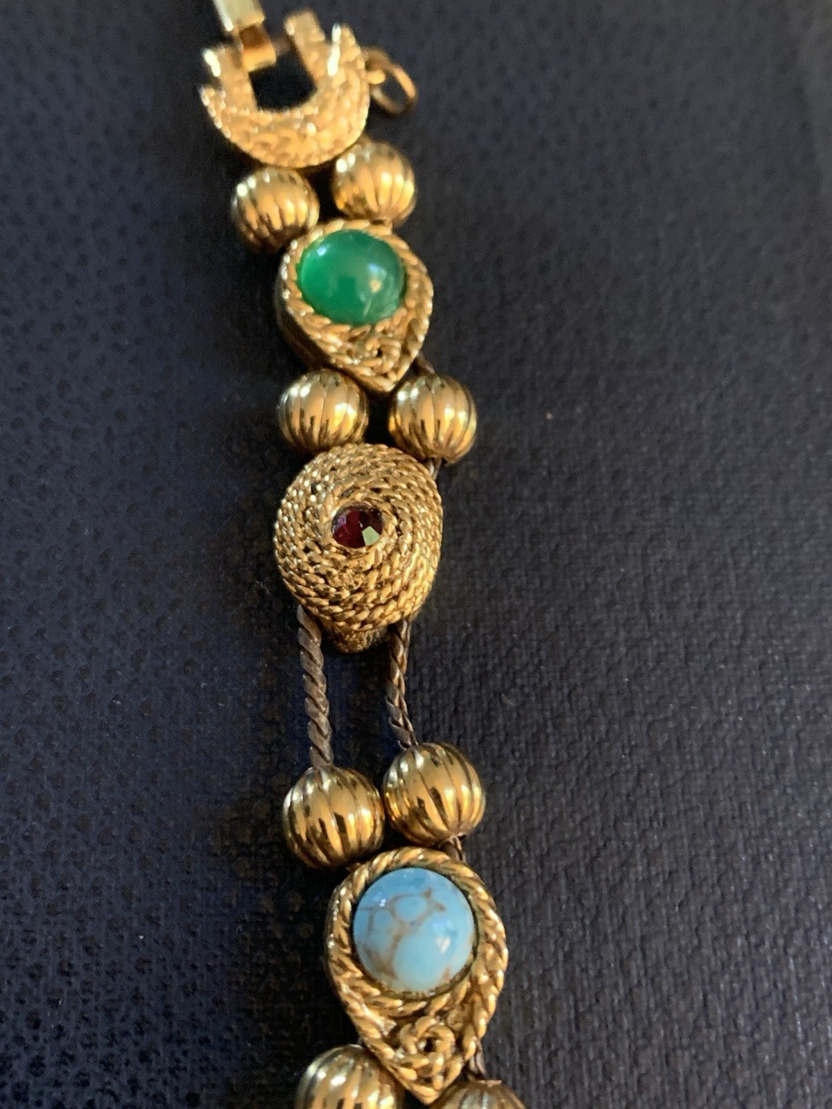Vintage Victorian charm slide bracelet Gold Tone Faux Gemstones Free Ship