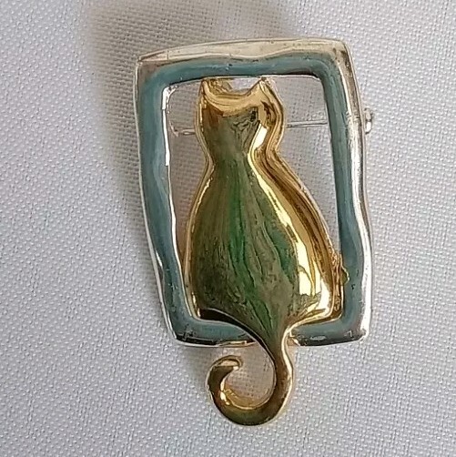 Cat In Window Pin Brooch Gold Tone Cat Pewter Window Approximately 2”
