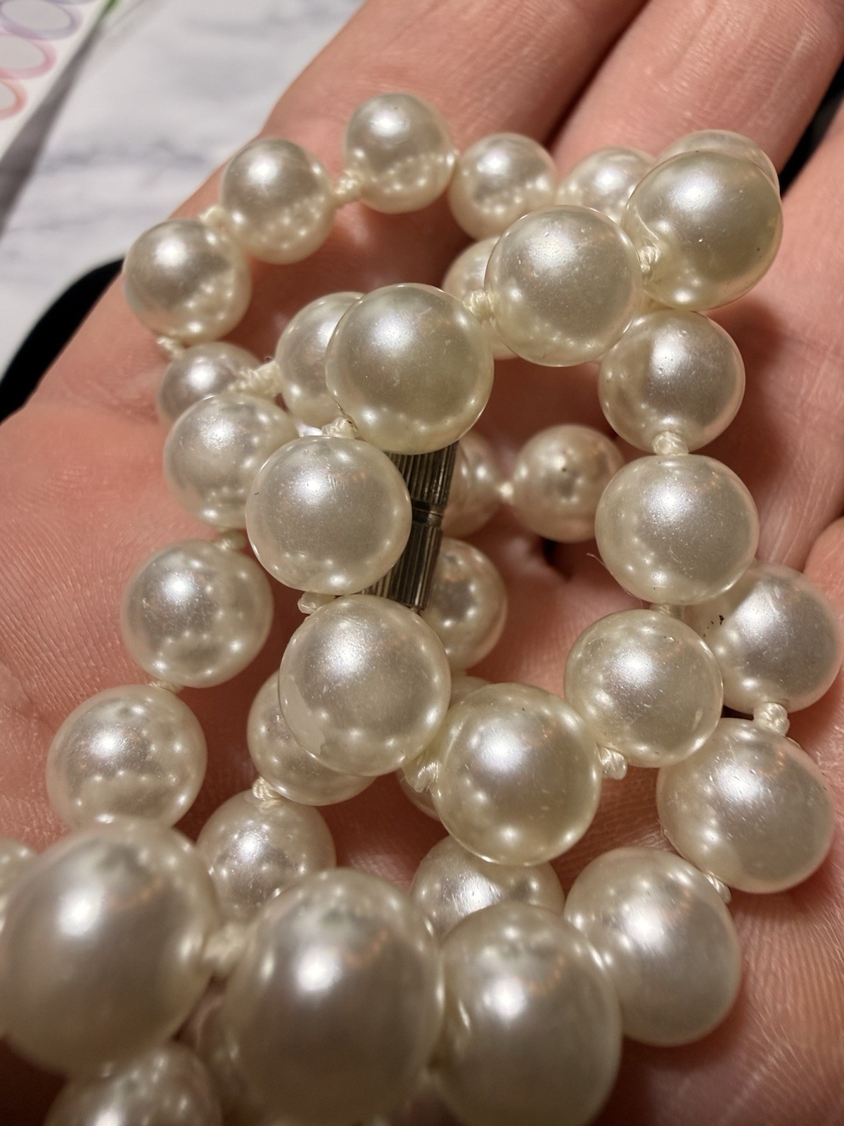 Vintage Faux Pearl Necklace Hand Knotted 17” Barrel Clasp Lot#1638