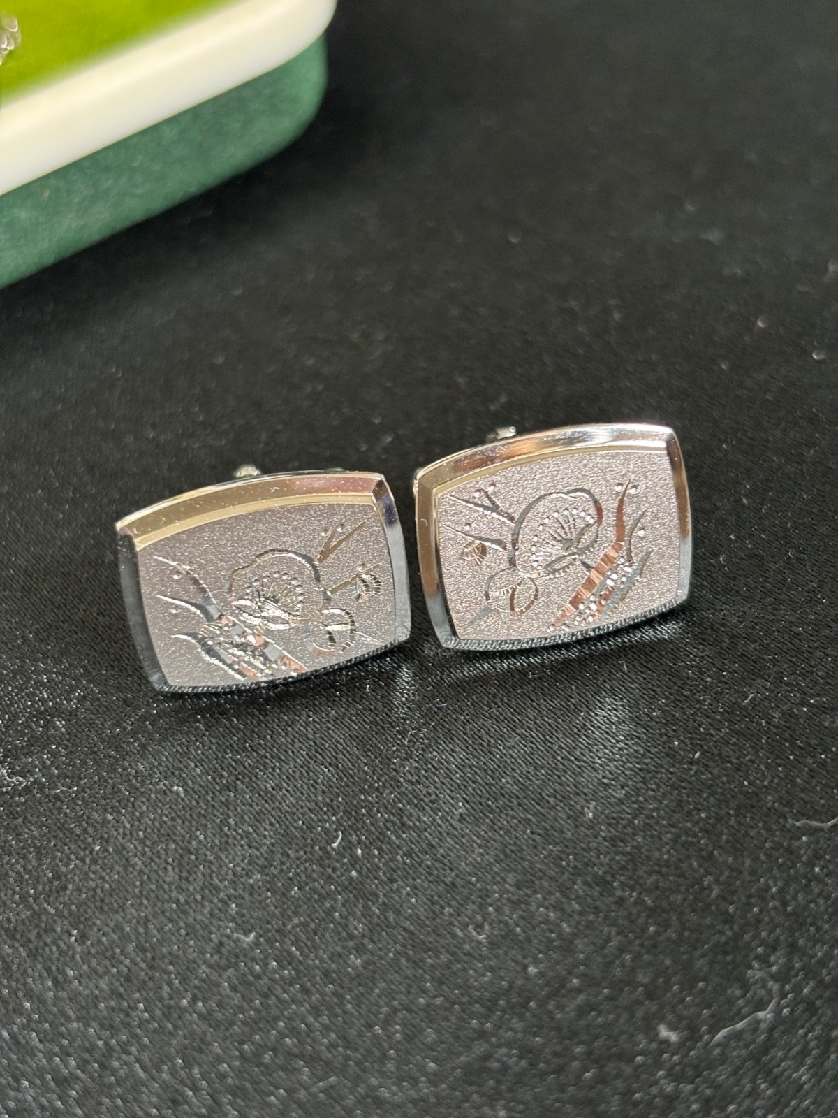Vintage Phoenix Japanese Wabori Plum Blossom Cufflinks & Tie Clip Set w/ Origina