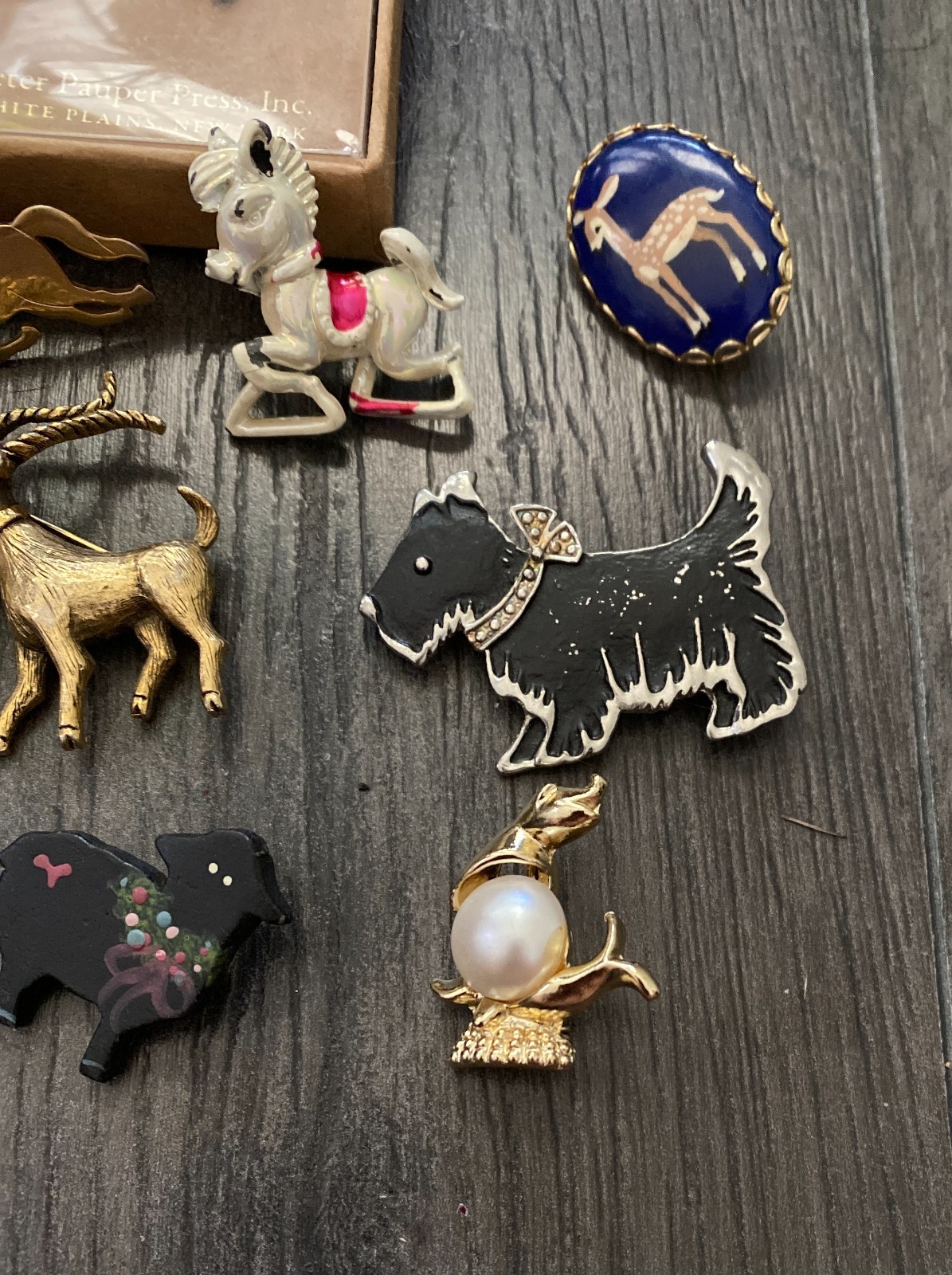 Vintage Lot Of 12 Animal Brooch/Pins Mixed Materials Bull-Sheep-Pig-Dog-Seal Etc