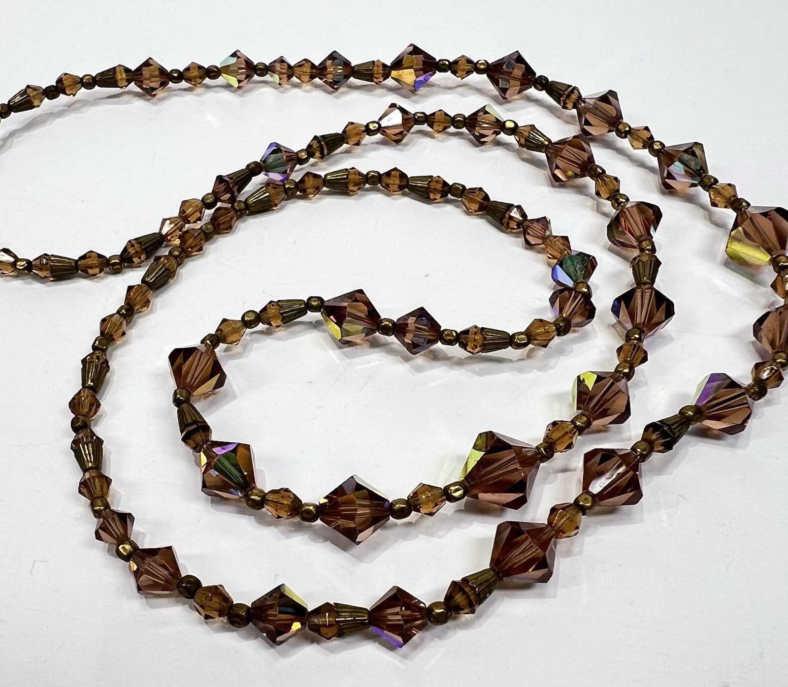 Vintage Faceted Bicone Crystal AB Bronze & Metal Spacers Long Graduated Necklace