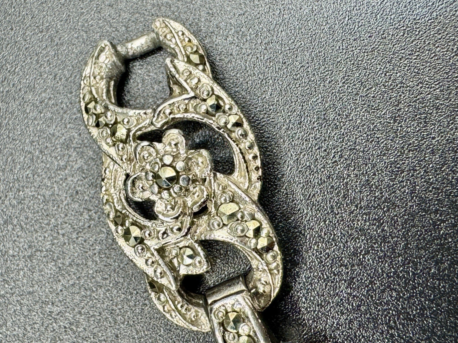 Antique Signed SPHINX Marcasite Link Bracelet Art Deco 1950s Floral Silver Tone