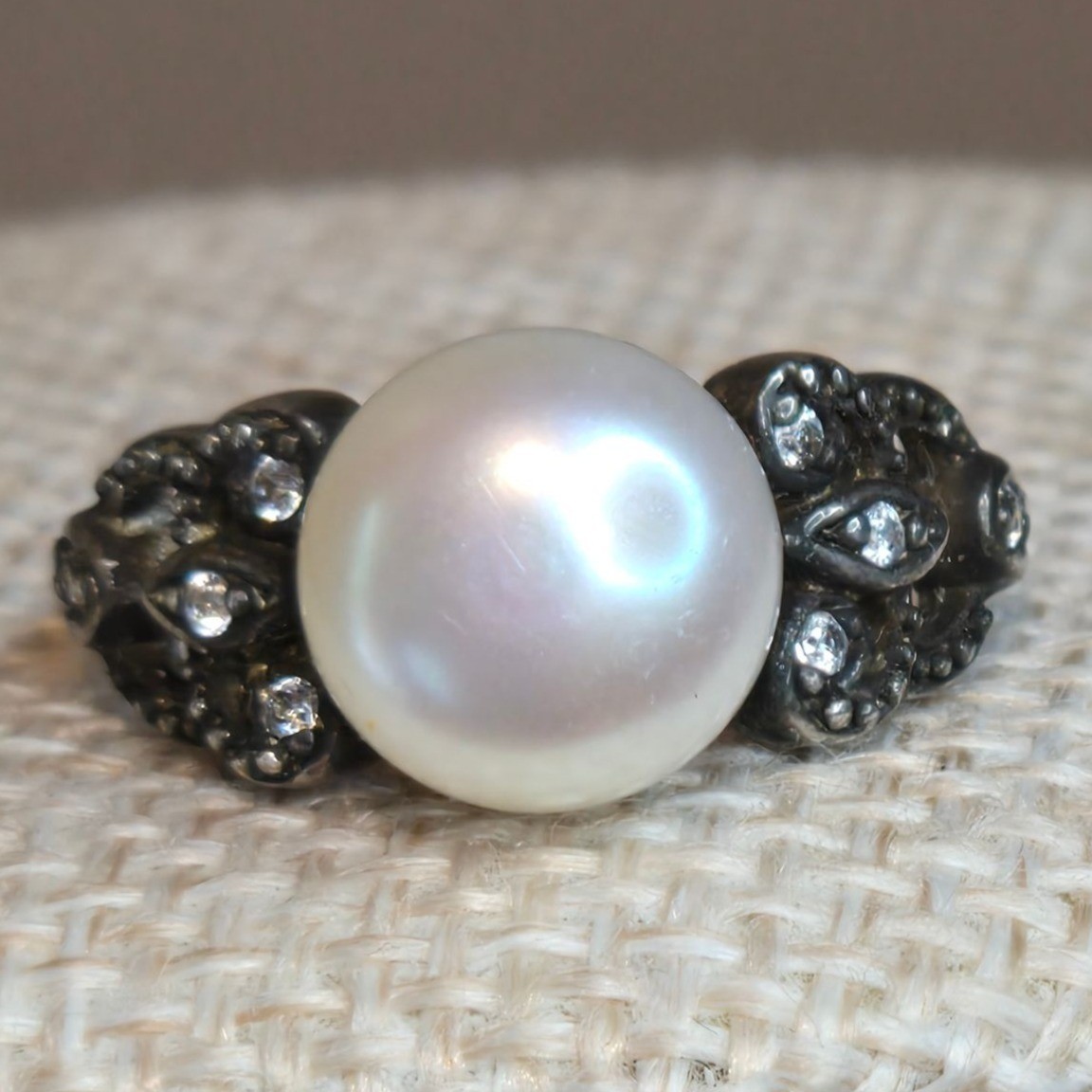 Vintage Sterling Silver Pearl Marcasite Ring Filigree Cocktail Statement size 6