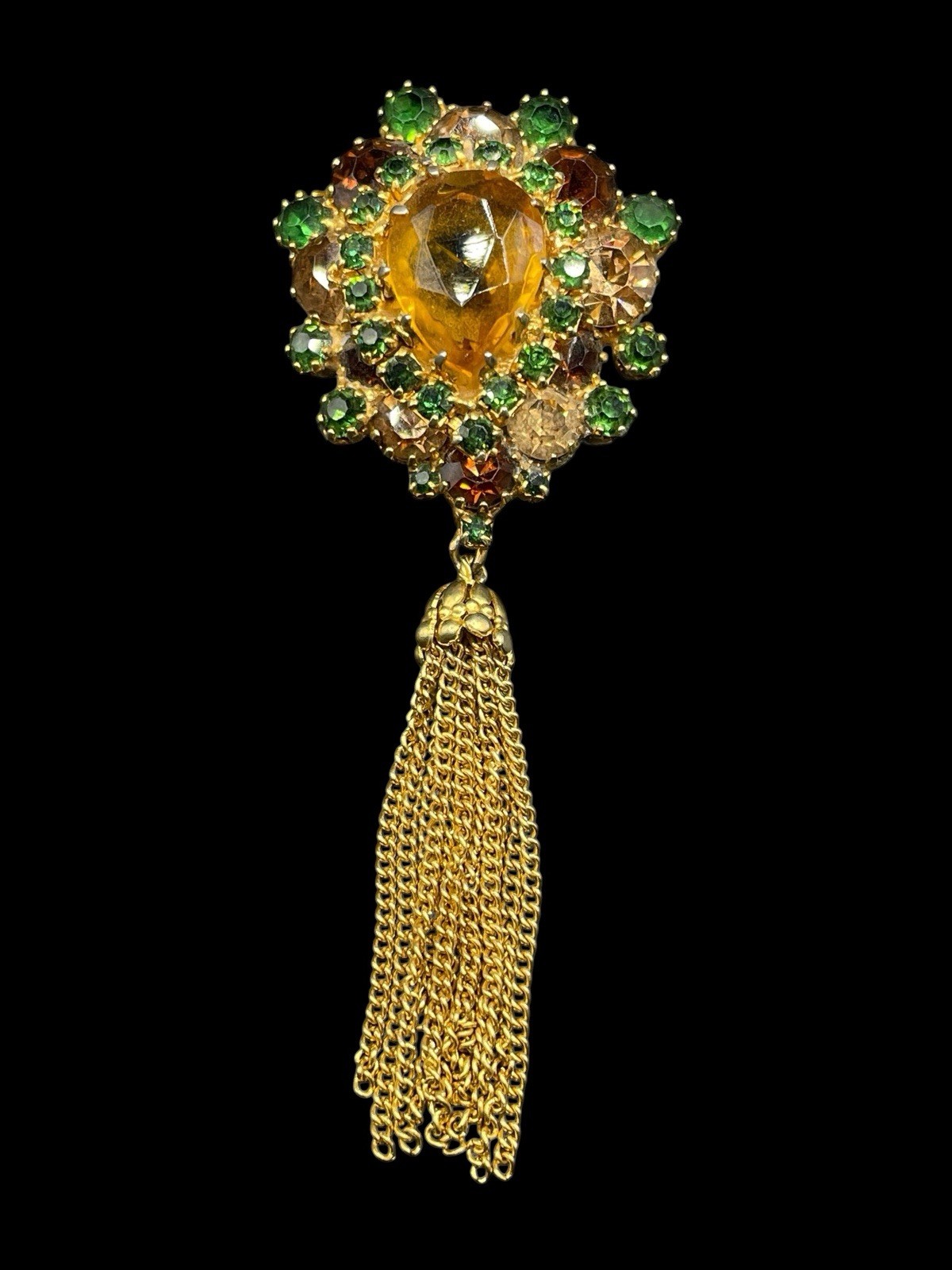 Vintage Domed Tassel Prong Set Austrian Crystal Brooch Gold Toned