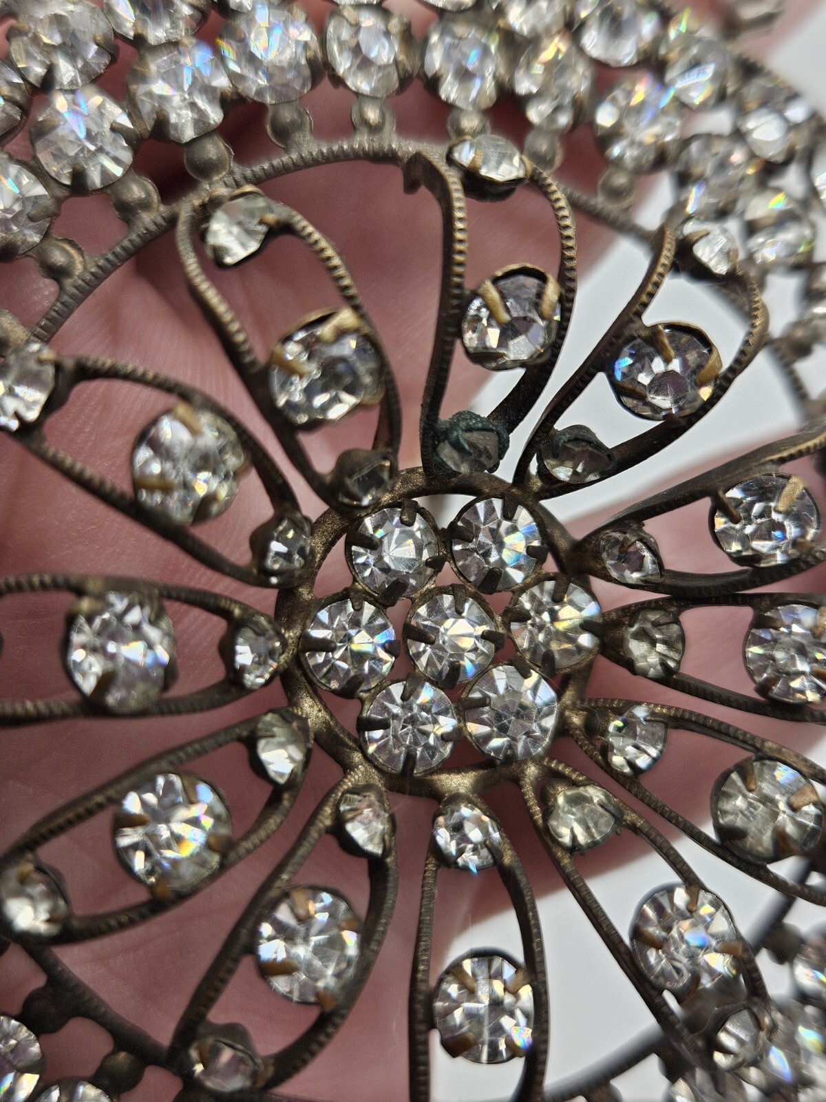As Is Vintage Silver Tone Clear Rhinestones Ornate Pendant Collar Necklace