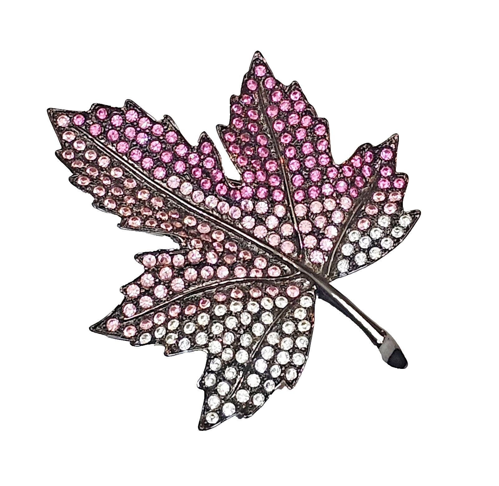 VTG KJL Kenneth Jay Lane Pink Ombre Gunmetal Gray Pave Maple Leaf Brooch Pin