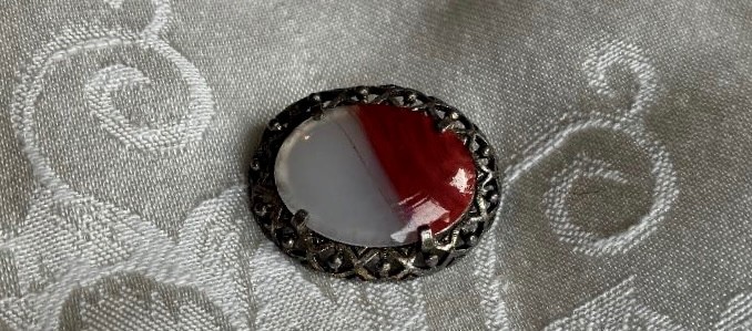 Vintage brooch signed Miracle, lovely agate setting,pewter metal,PRICE REDUCED