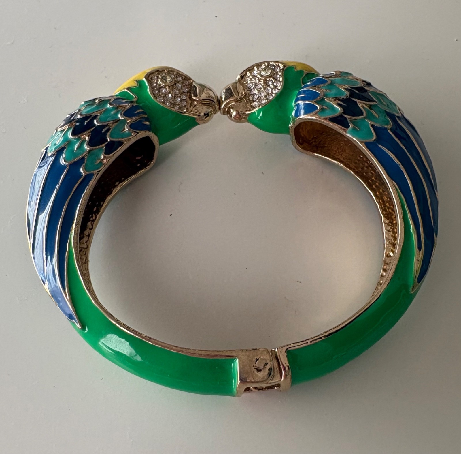 Gold Tone Kissing Parrot Birds Enamel Bracelet Cuff Blue Green Yellow