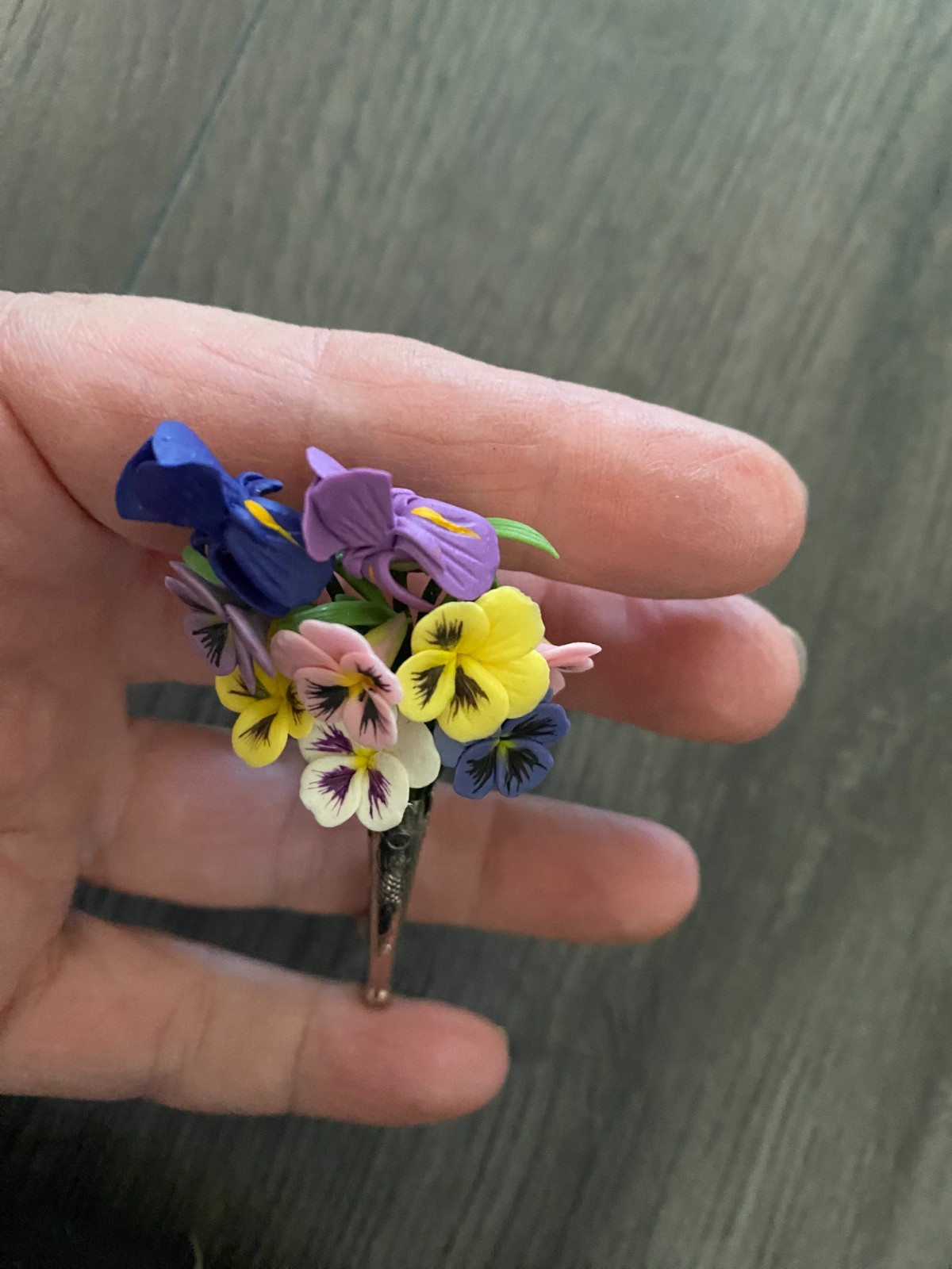 Vintage Celluloid/Hard Plastic Pansy & Iris Bouquet in Vase Flower Brooch Pin
