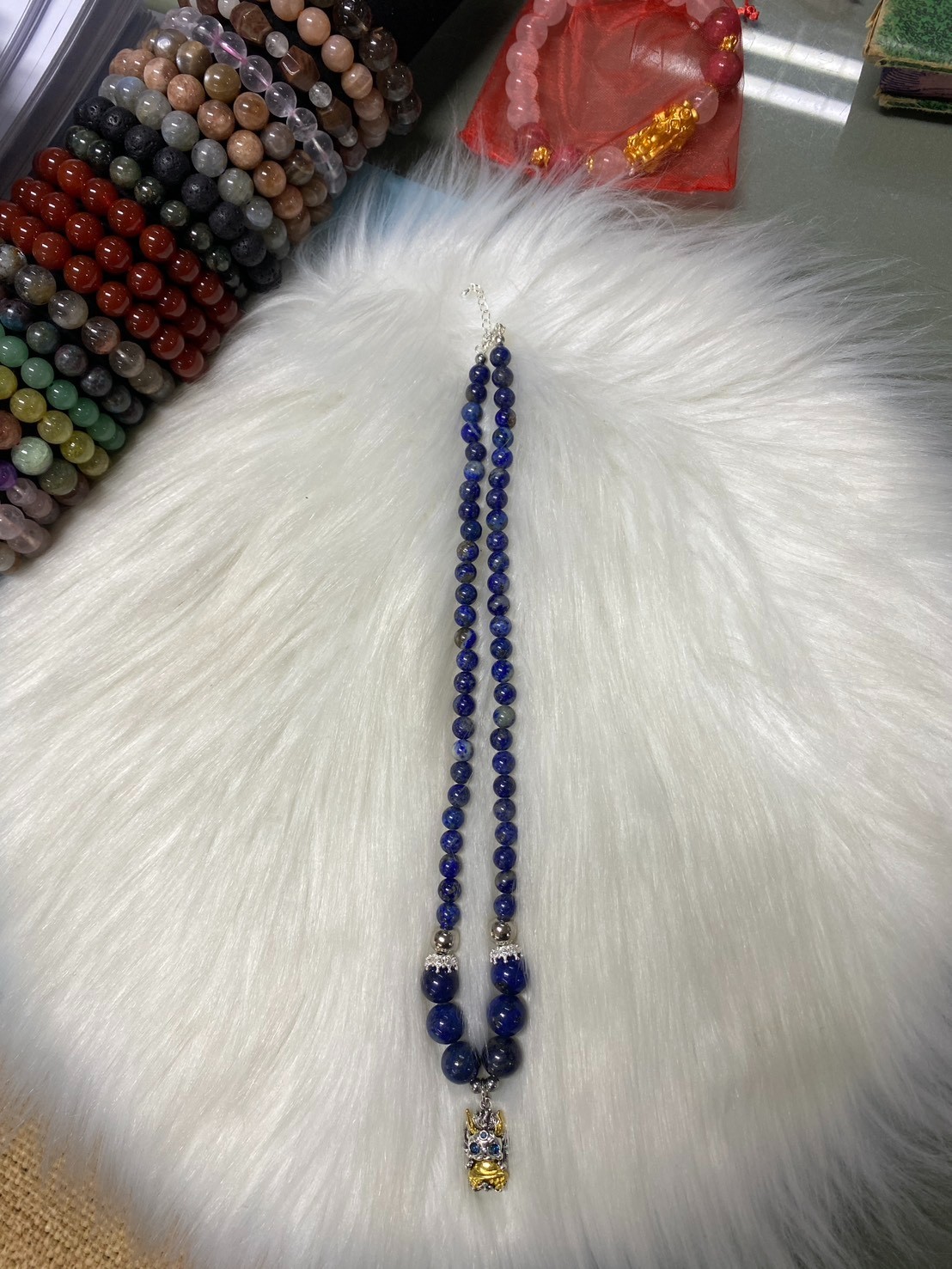 Natural Lapis Lazuli Beaded Necklace with Chinese Dragon Pendant Protection Amul