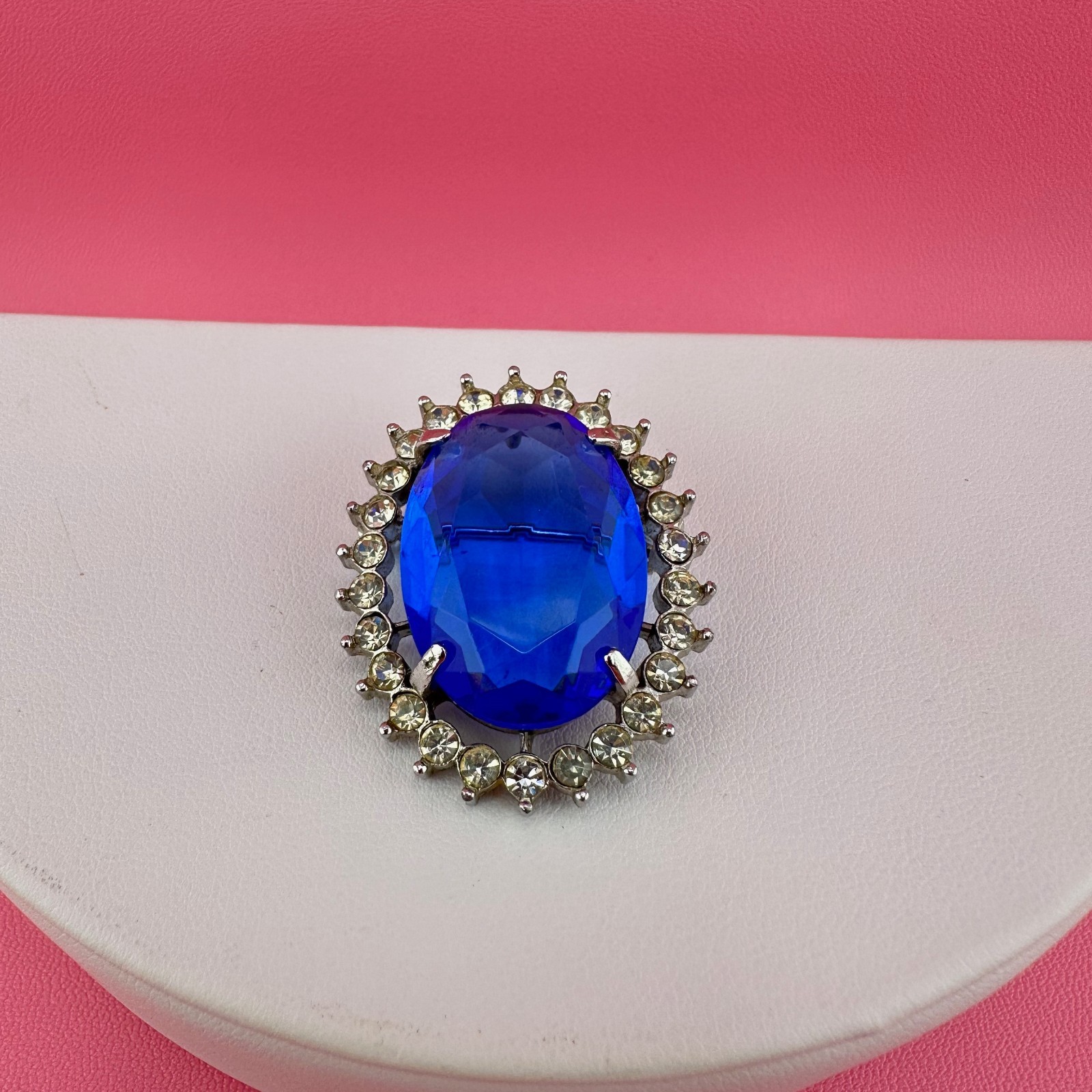 Vintage Crystal Brooch Pendant LG Blue Oval Faceted Stone Open Back Prong Set