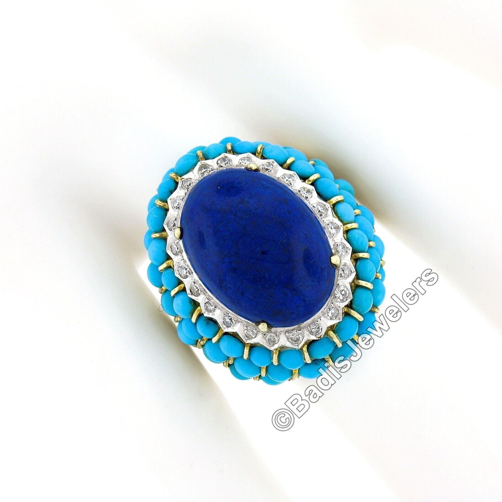 Vintage 14k Gold Cabochon Lapis Turquoise Bead & Diamond Textured Cocktail Ring