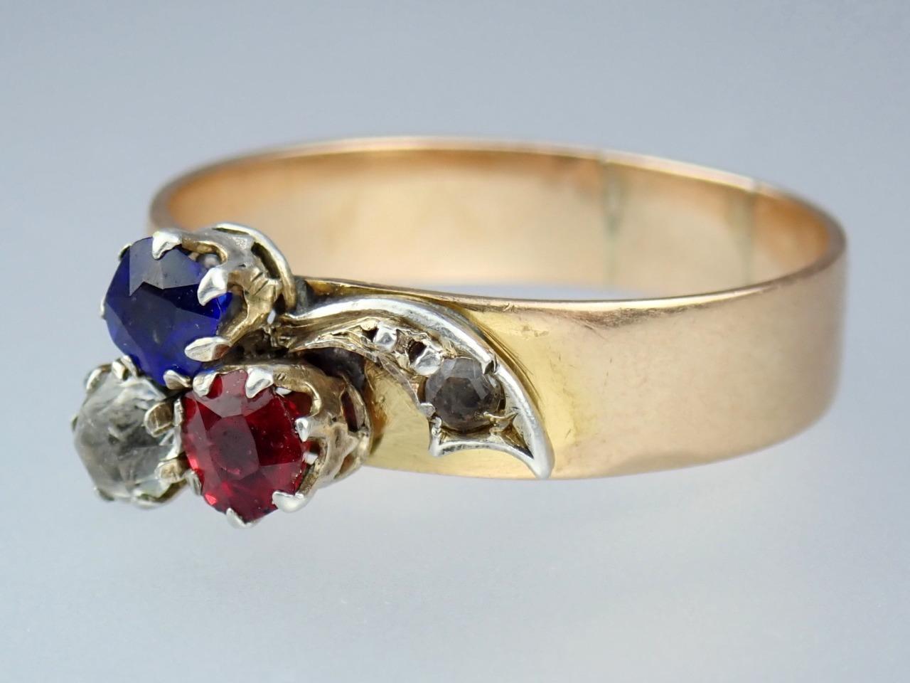 Charming Antique Victorian 14K Rose Gold Red White Blue Paste Floral Ring Size 8