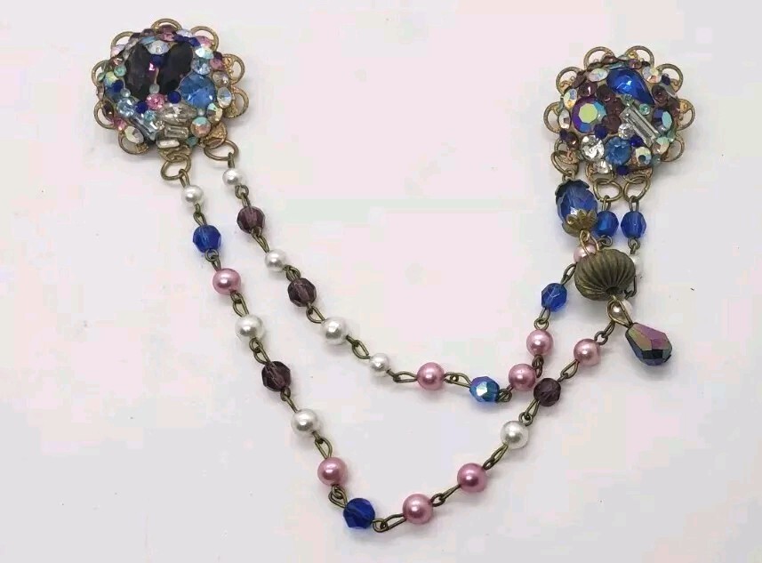 Vintage Double Brooch Sweater Dress Suit Clip Collar Rhinestone Faux Pearl chain