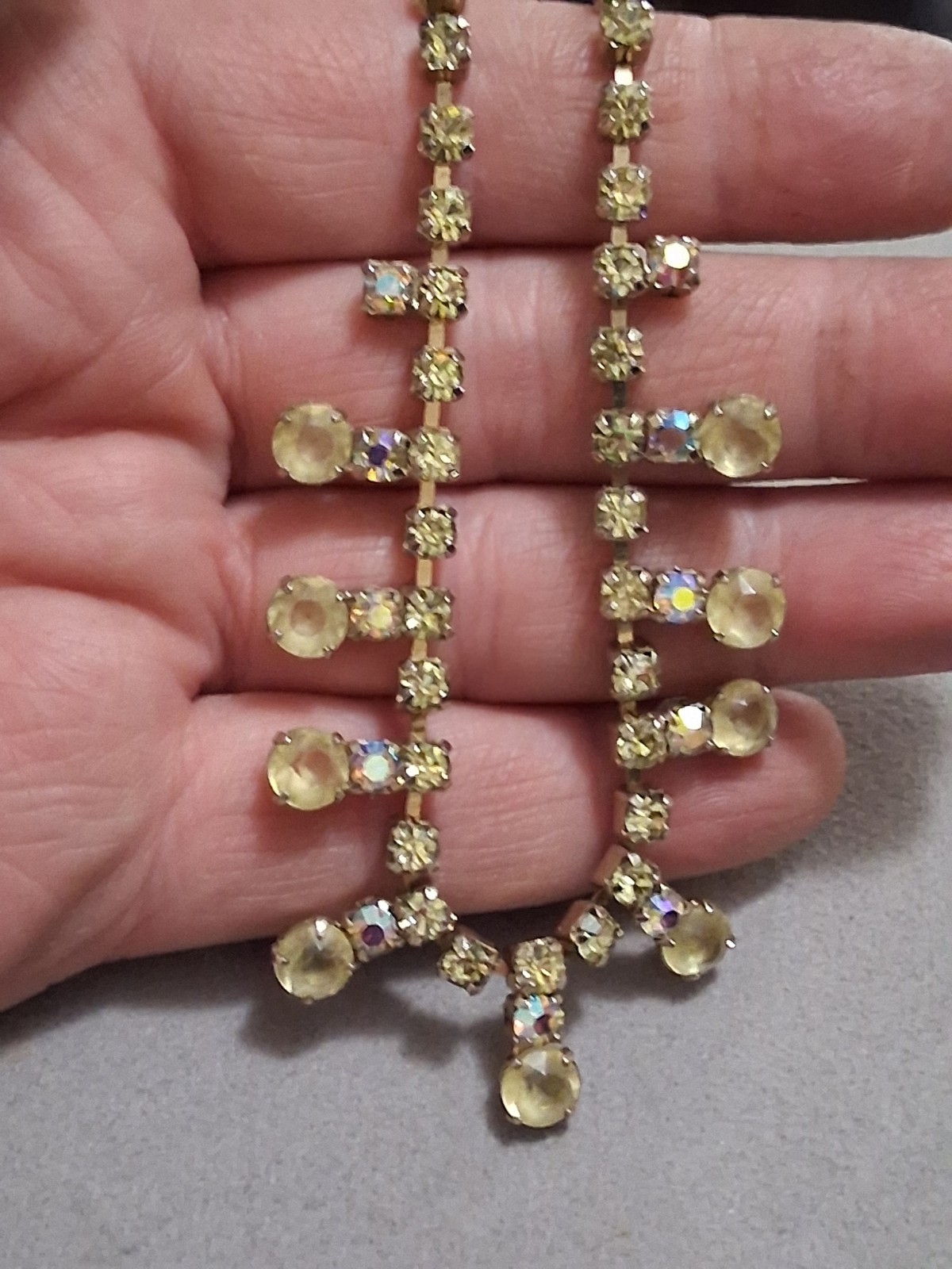 Frosted yellow jonquil crystal, faceted yellow rhinestone necklace w/aurora AB