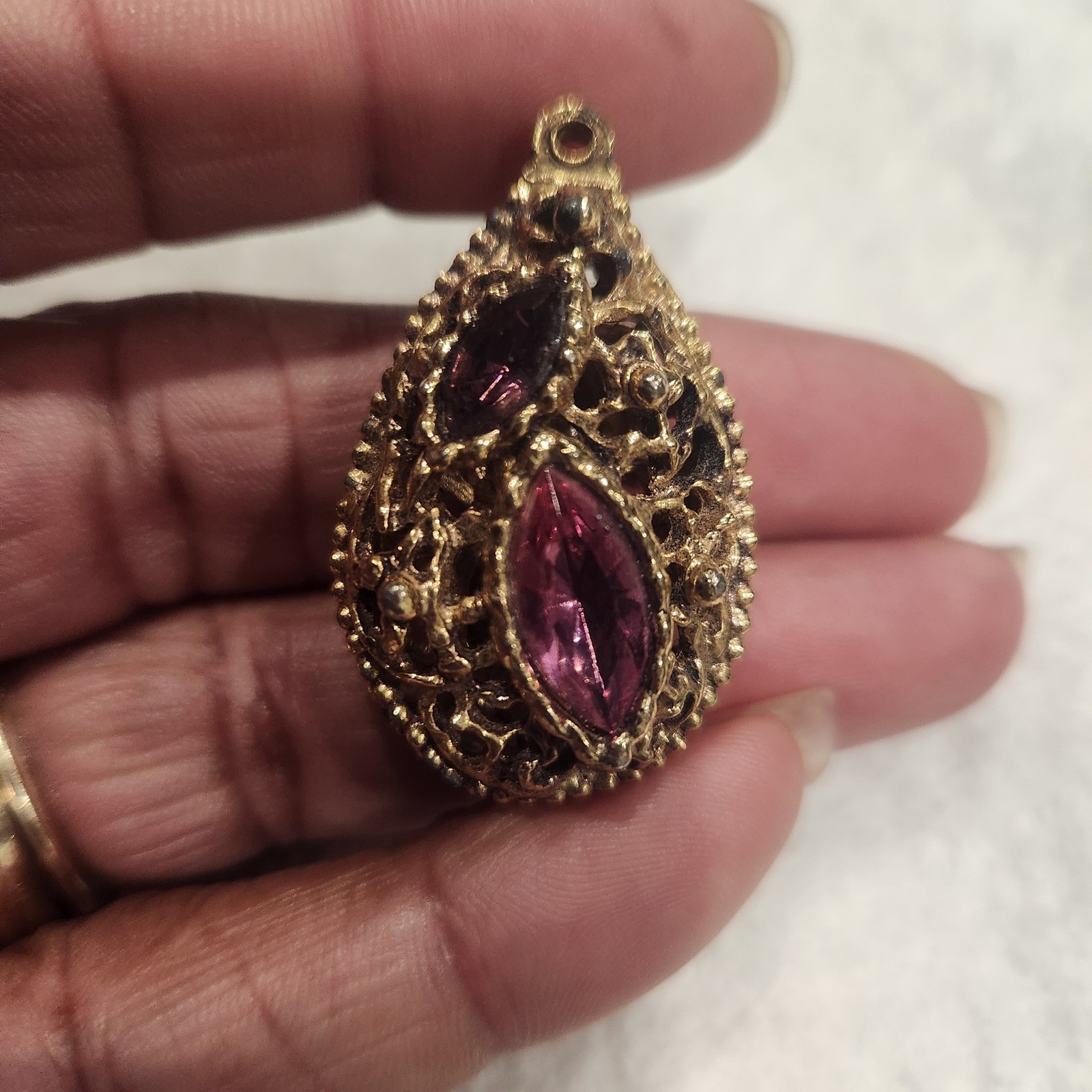 Vintage Gold Tone Filigree Teardrop Pendant Pink Purple Marquise Rhinestone